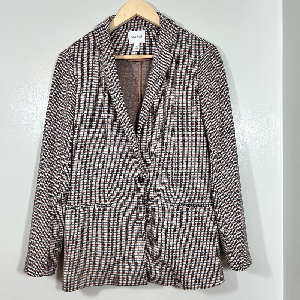 Nine West Blazer Women's Small Plaid Orange Accent Preppy Career Academia